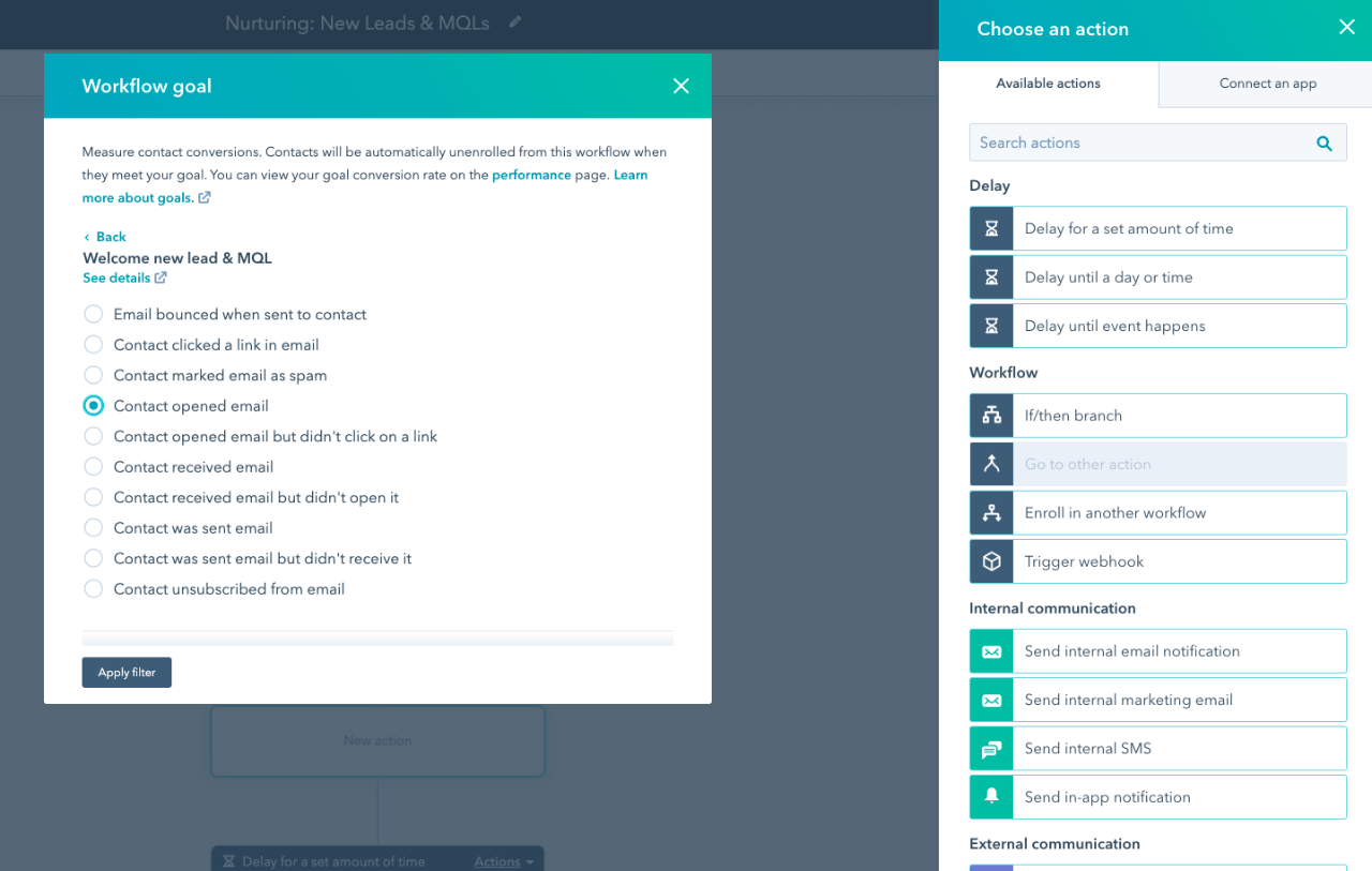 HubSpot marketing automation software interface showing workflow goal options