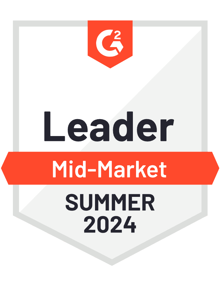 G2 badge showing leader mid-market, spring 2024