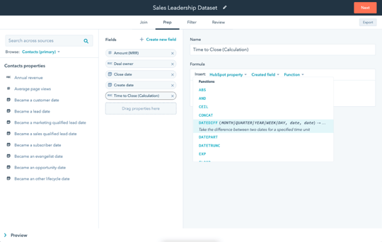 view of the dataset functionality in HubSpot