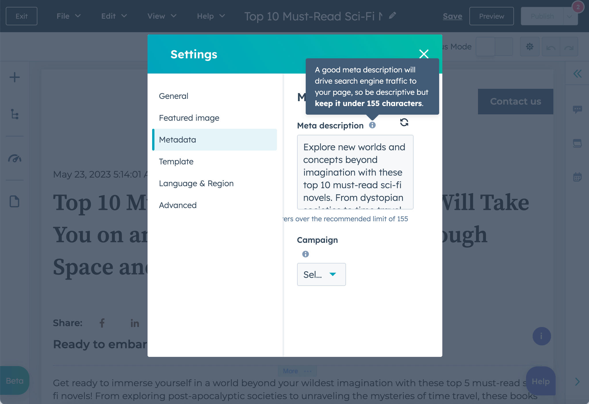 hubspot meta description generator providing character count recommendations