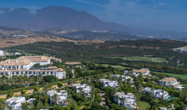 Aerial view of clubhouse and real estate at Finca Cortesin