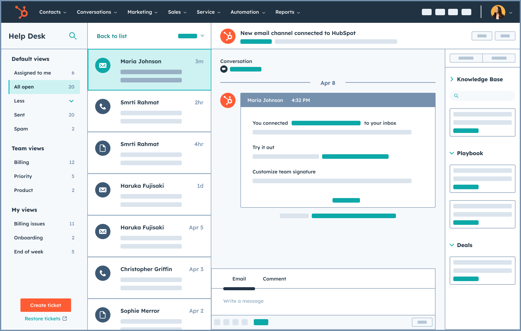 Simplified user interface in HubSpot showing the HubSpot help desk interface 