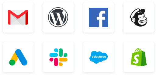 Featured integrations, including Gmail, Google Ads, Wordpress, Slack, Facebook, Salesforce, SurveyMonkey, and Shopify