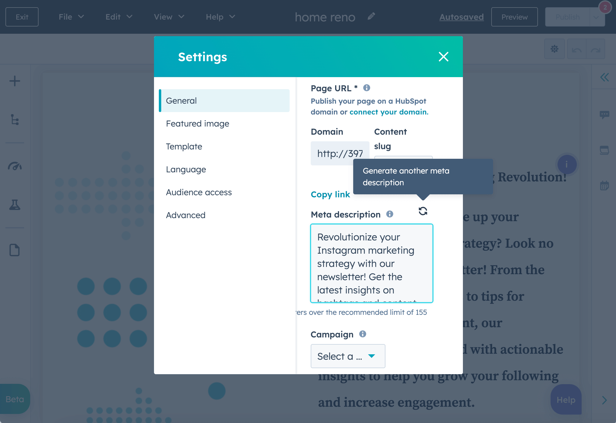 generating new version of existing meta description using the refresh function on the HubSpot content editor