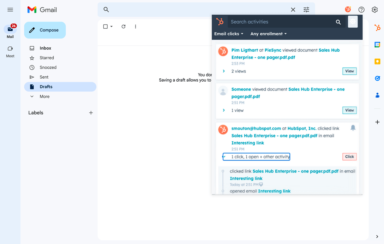 HubSpot document tracking tool showing document clicks and opens