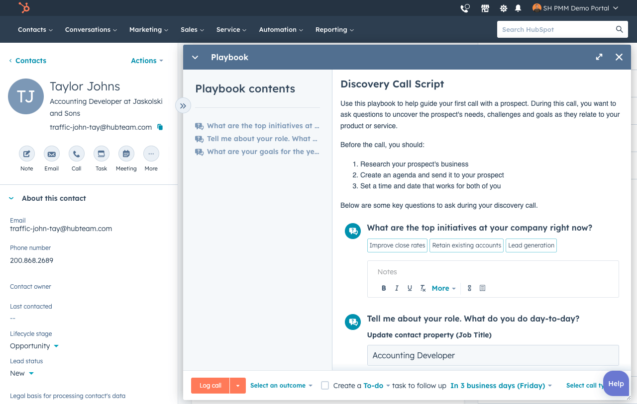 Sales Hub playbooks interface showing example discovery call script