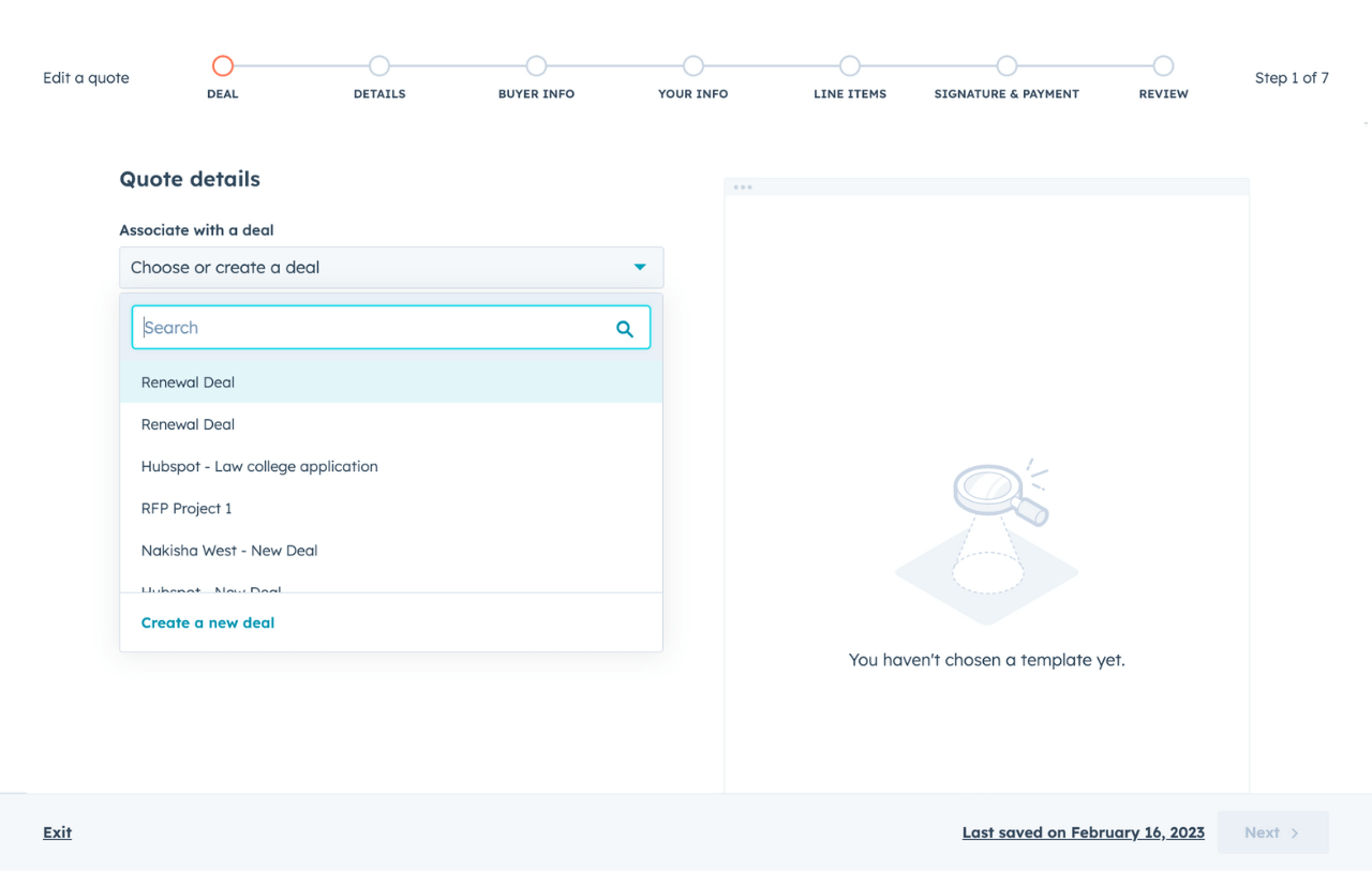 HubSpot quote software interface showing options to associate quote with a deal