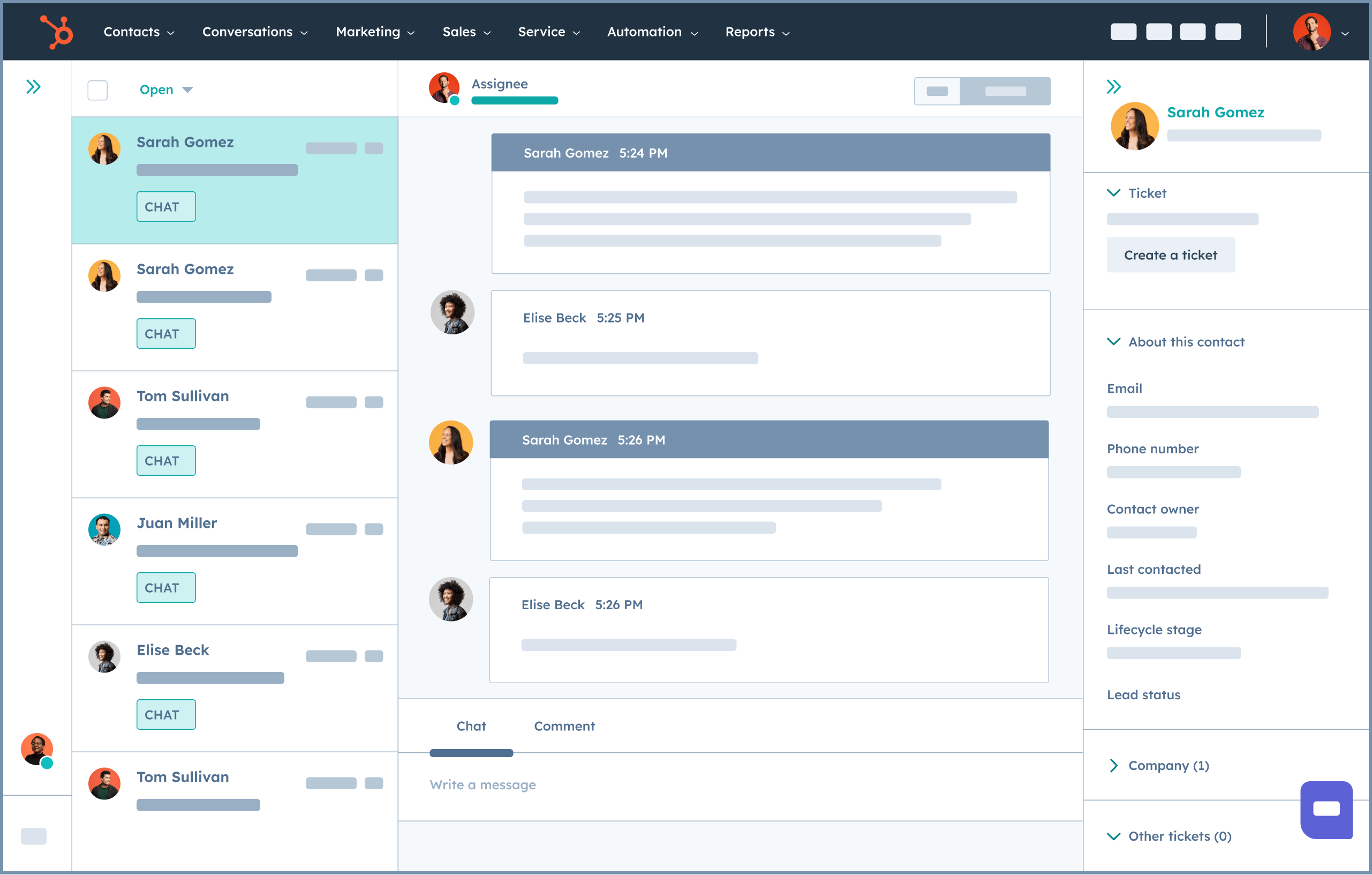 Simplified user interface in HubSpot showing customer tickets inside the help desk